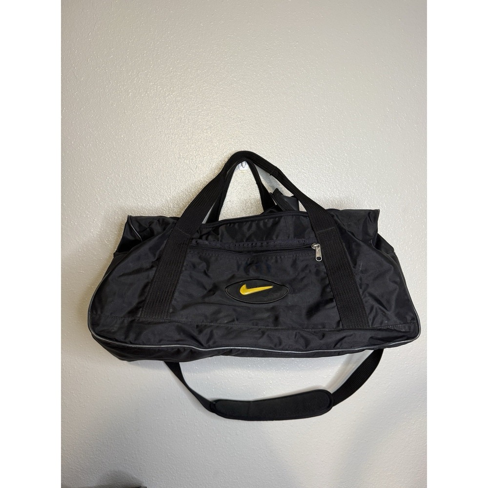 Vintage Nike Duffel‎ Bag Black 90's Gym Bag Sports Nylon Yellow Swoosh